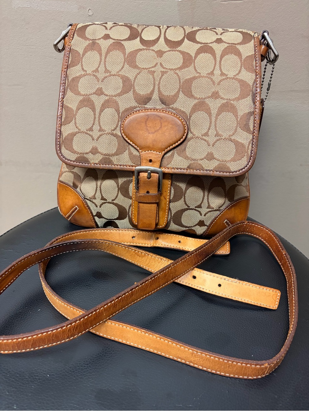 Coach Brown/Tan Signature Canvas Messenger Bag with Leather Trim